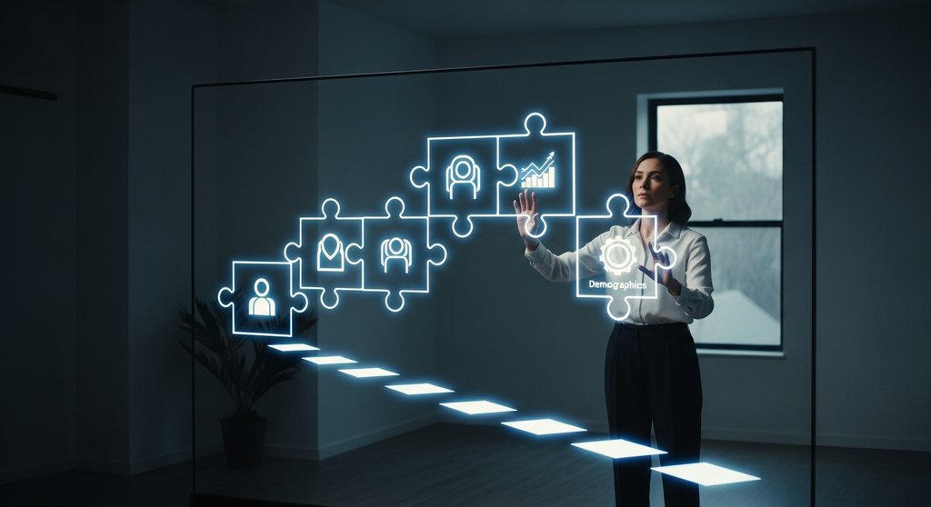 Eine Marketing-Strategin plant eine personalisierte Customer Journey mit holographischen Puzzleteilen.