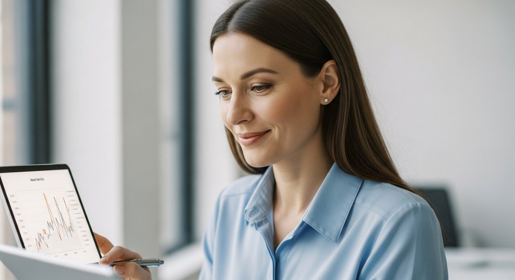 Eine Marketing-Verantwortliche analysiert zufrieden die Budget-Effizienz ihrer B2B-Retargeting-Kampagne.