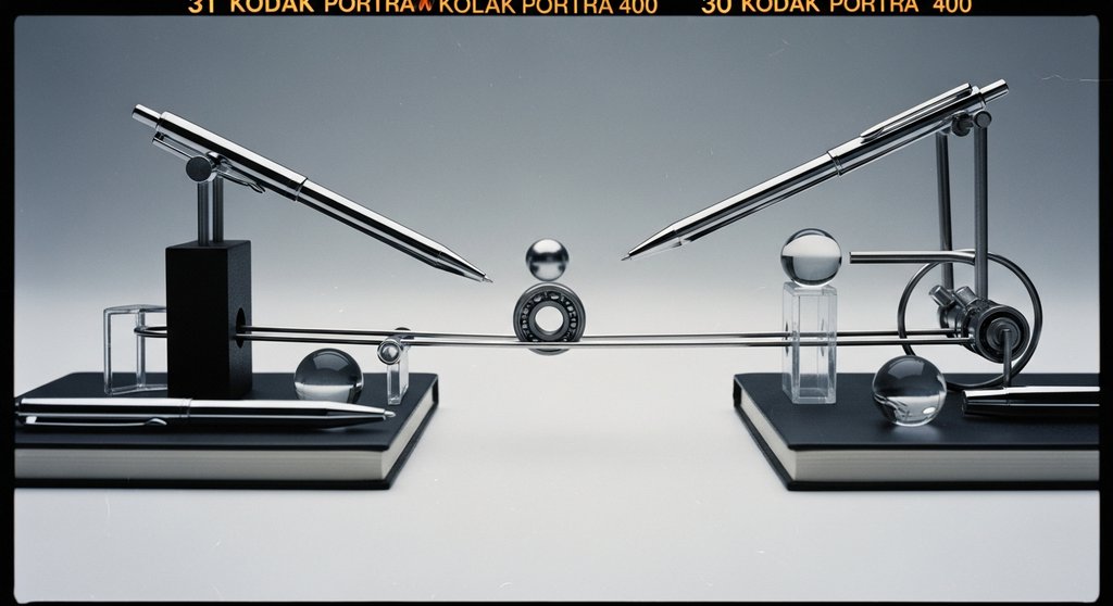 Eine moderne Rube-Goldberg-Maschine aus Büromaterialien symbolisiert perfekt funktionierende Agentur Prozesse.