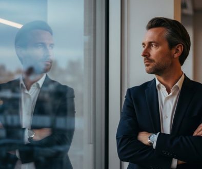 Eine Person im Büro blickt aus dem Fenster und reflektiert über das Impostor-Syndrom.