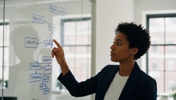 Eine Person in einem Büro betrachtet ein Whiteboard, um ein Growth Mindset zu entwickeln und berufliches Wachstum zu fördern.