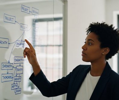 Eine Person in einem Büro betrachtet ein Whiteboard, um ein Growth Mindset zu entwickeln und berufliches Wachstum zu fördern.