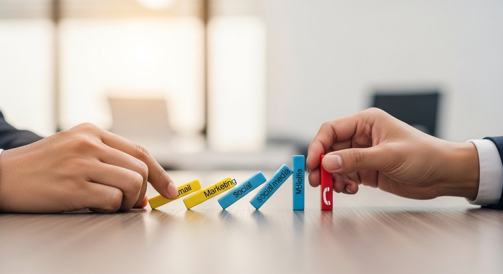 Eine Person plant eine Multi-Channel-Akquisestrategie durch das Aufstellen von Dominosteinen.