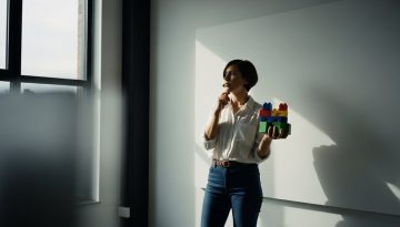 Eine Person plant strategisch ihr Geschäftsmodell mit Bausteinen, die für eine Produkt-Treppe stehen.