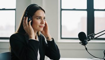 Eine professionelle Agentur-Inhaberin hört konzentriert über Kopfhörer eine Podcast-Aufnahme in ihrem Büro.