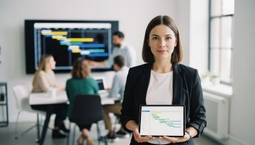 Eine Projektmanagerin in einer Agentur, die dank eines Projektmanagement-Tools den Überblick behält.