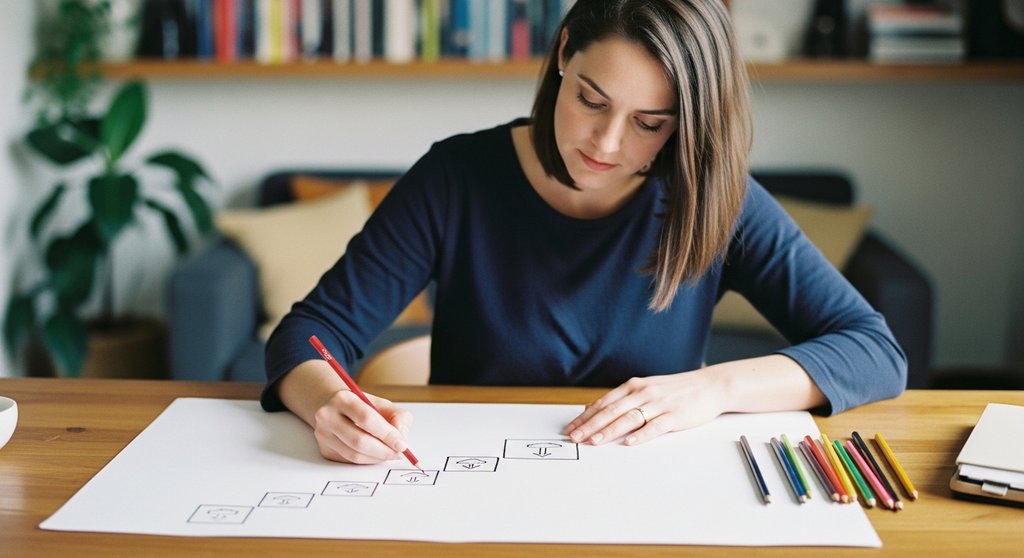 Eine Selbstständige entwirft ihre eigene Produkt-Treppe auf Papier zur Strukturierung ihres Geschäftsmodells.