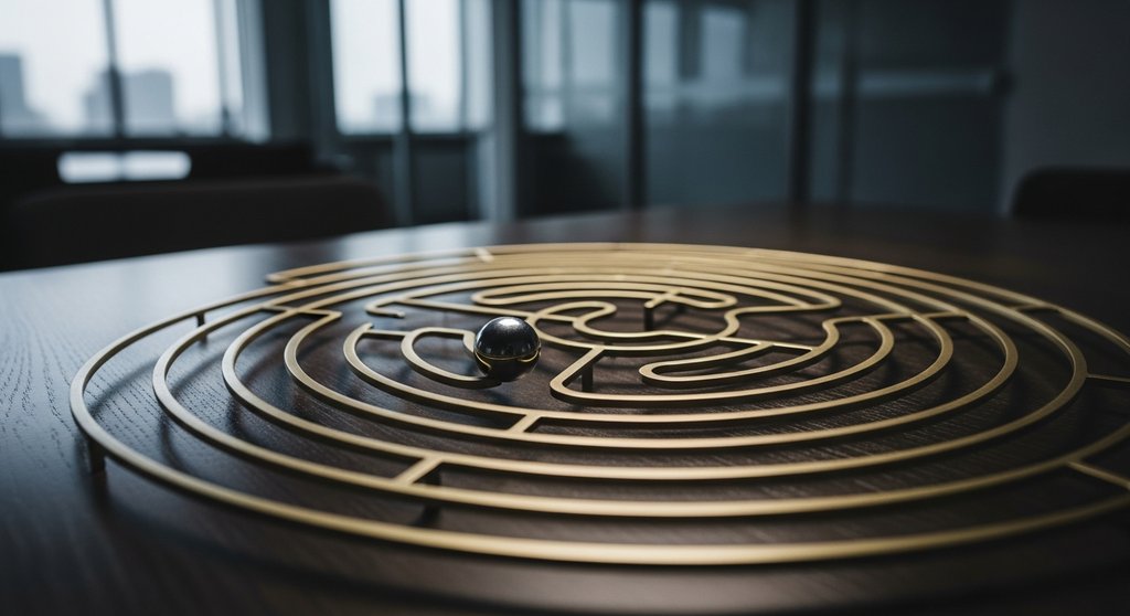 Eine silberne Kugel navigiert durch ein komplexes Labyrinth, Symbol für die B2B-Customer-Journey im Retargeting.