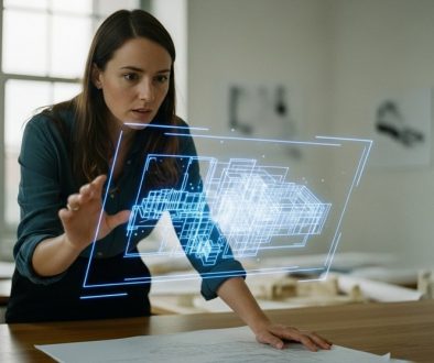 Eine Unternehmerin analysiert ein komplexes Projekt, ein Symbol für kalkulierte Risikobereitschaft.