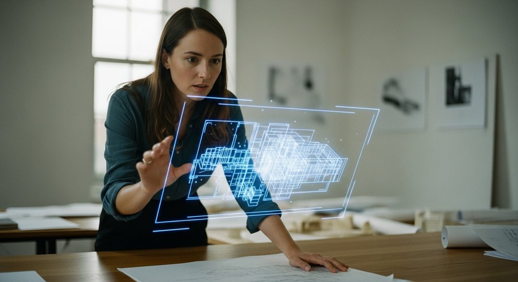 Eine Unternehmerin analysiert ein komplexes Projekt, ein Symbol für kalkulierte Risikobereitschaft.