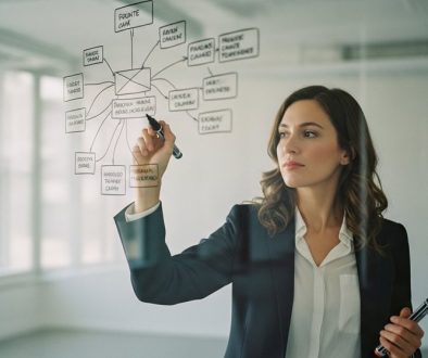 Eine Unternehmerin plant strategisch die 7 Wege zur Effektivität an einer Glaswand.