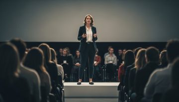 Eine Unternehmerin präsentiert das One-to-Many Modell auf einer Bühne vor Publikum, was die Skalierung von Wissen symbolisiert.