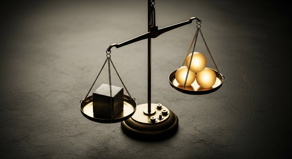 Eine Waage, auf der ein schwerer Verlust mehrere leichte Gewinne überwiegt, als Symbol für Verlustaversion.