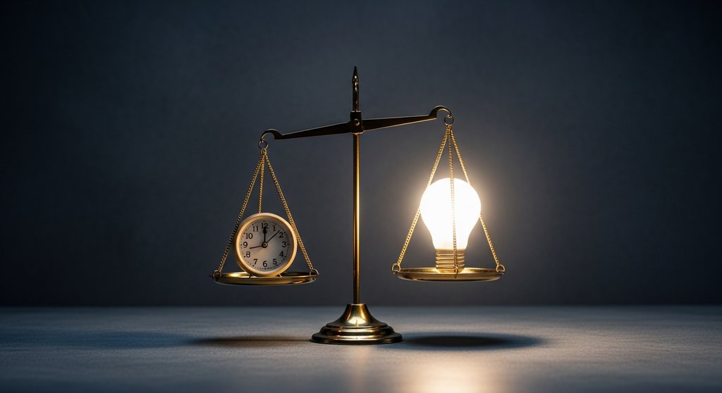 Eine Waage, auf der eine Glühbirne (Symbol für Wert) schwerer wiegt als eine Uhr (Symbol für Zeit).
