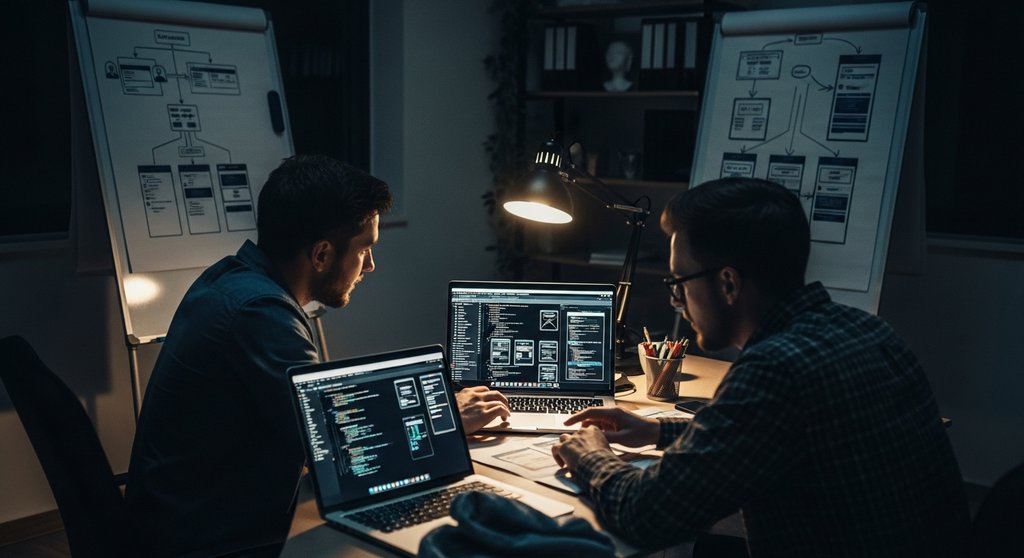 Entwickler-Team arbeitet nachts an der Entwicklung eines SaaS-Produkts als passive Einnahmequelle.