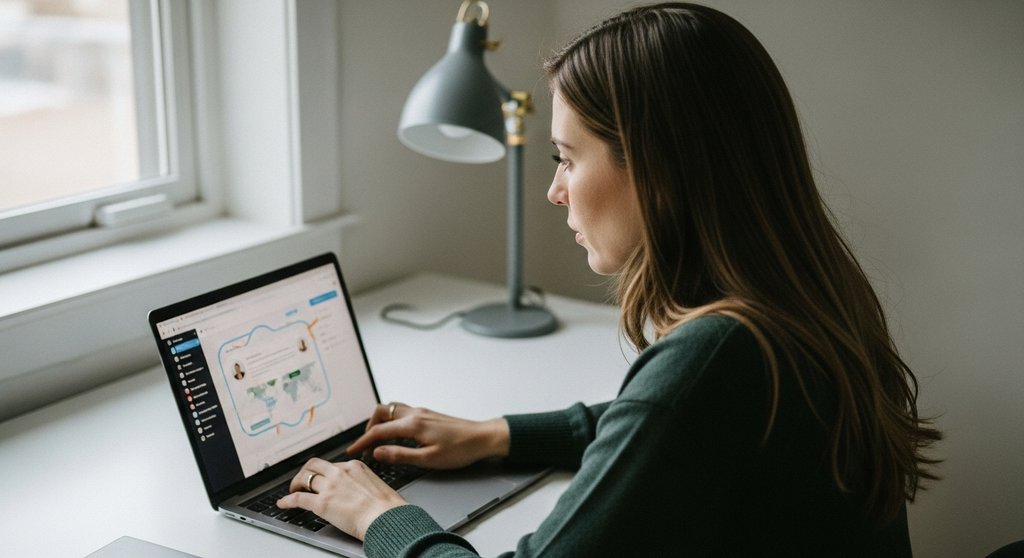 Freelancerin beim digitalen Networking an ihrem Laptop.