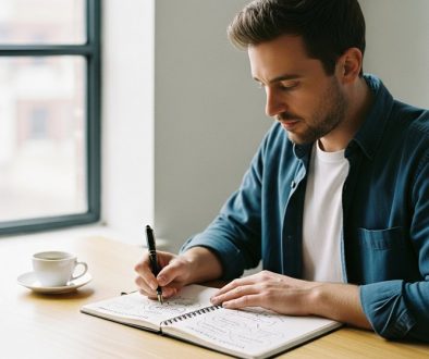 Gründer plant seine Woche mit einer Zeitmanagement-Methode in einem Notizbuch.