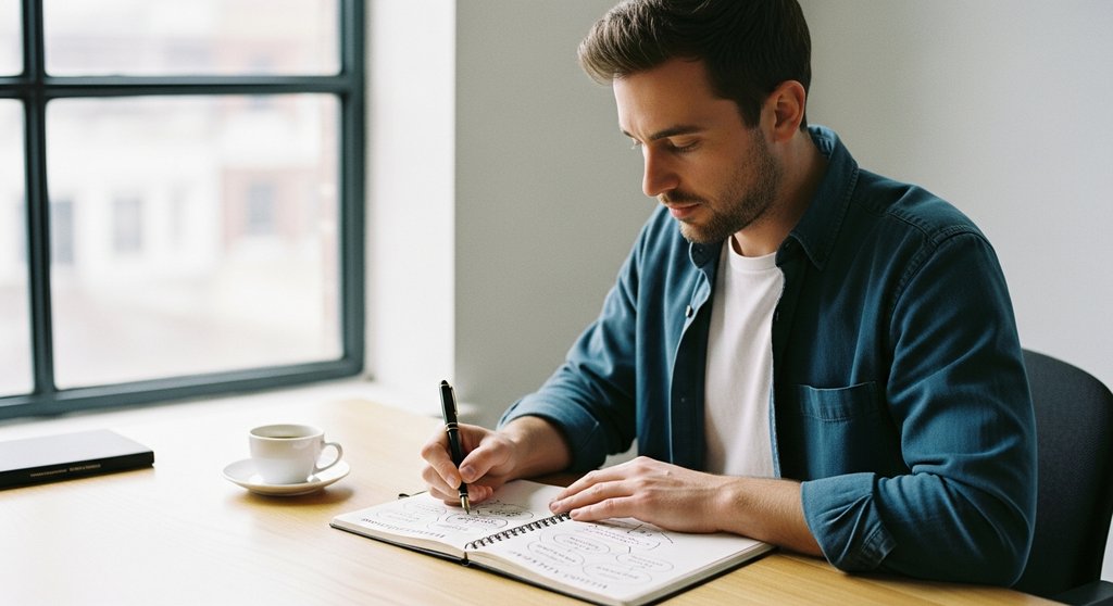 Gründer plant seine Woche mit einer Zeitmanagement-Methode in einem Notizbuch.