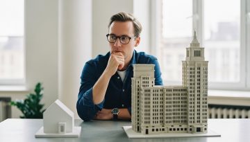 Gründer wägt Vorteile und Nachteile einer GmbH-Gründung ab, symbolisiert durch zwei Architekturmodelle auf einem Tisch.