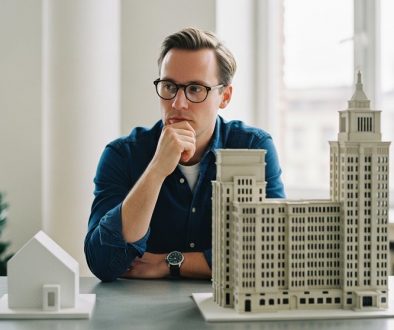 Gründer wägt Vorteile und Nachteile einer GmbH-Gründung ab, symbolisiert durch zwei Architekturmodelle auf einem Tisch.