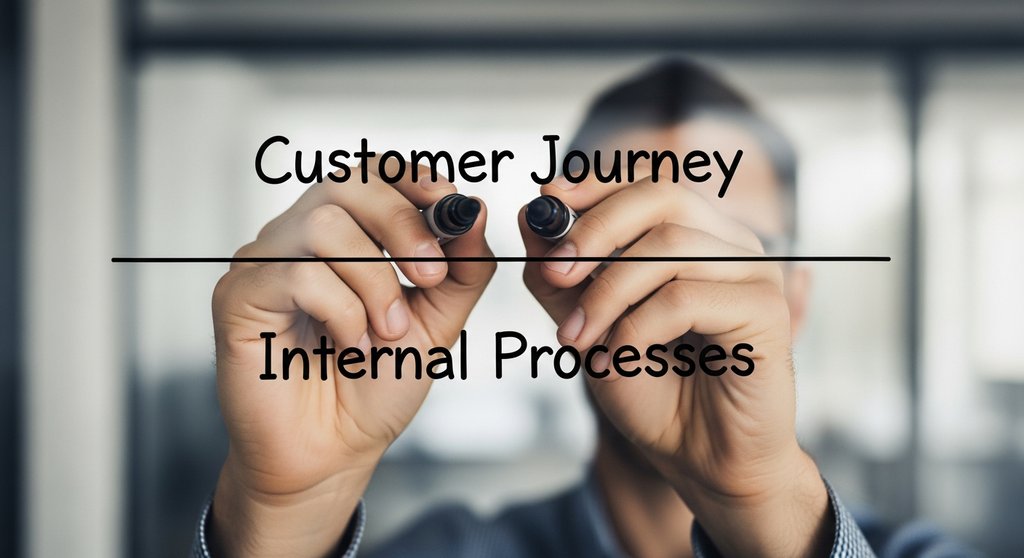 Hand zieht eine Sichtbarkeitslinie auf einem Service Blueprint, um Frontstage- von Backstage-Aktionen zu trennen.