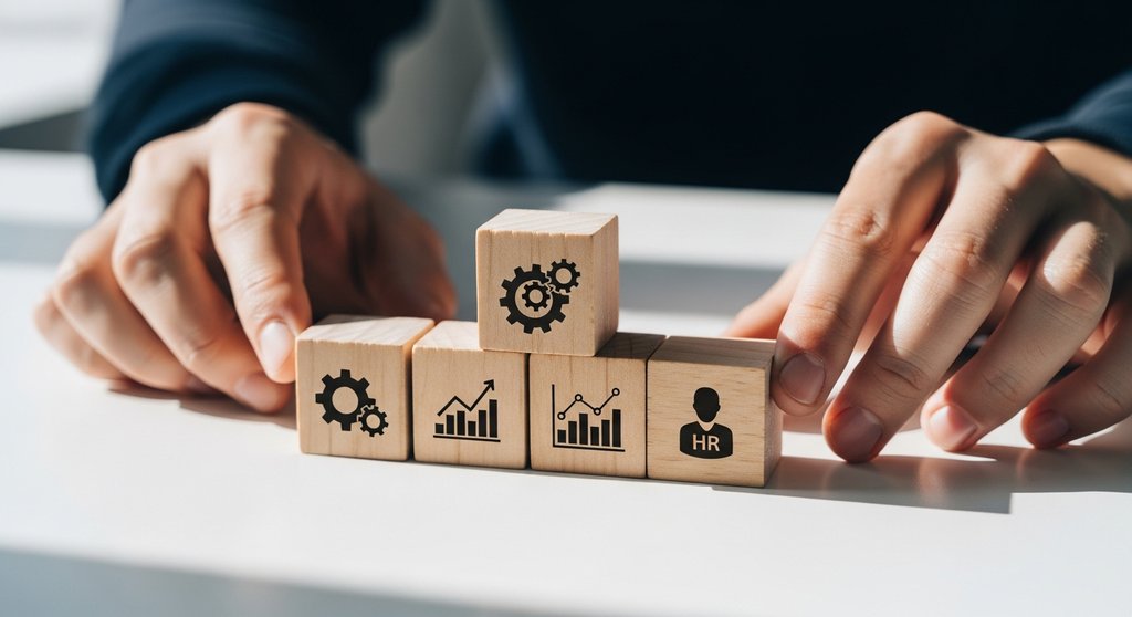 Hände bauen aus Holzklötzen mit Business-Symbolen die Struktur einer Agentur auf.