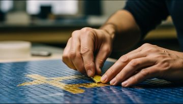 Hände eines Experten legen eine goldene Kachel in ein Mosaik als Symbol für wertbasierte Preisgestaltung.