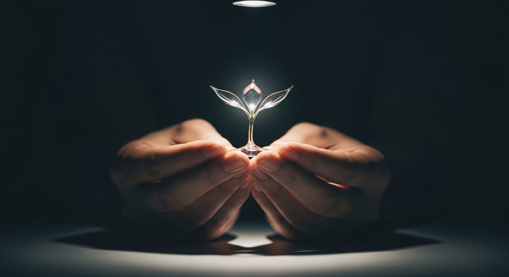 Hände halten einen leuchtenden Setzling, der eine fragile neue Produktidee symbolisiert.