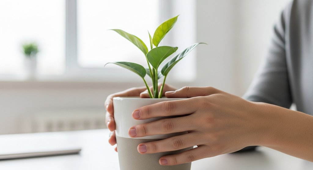 Hände pflegen eine kleine Pflanze als Metapher für den Aufbau von Owned Media.