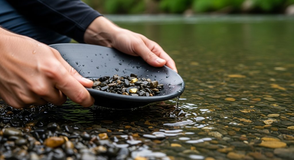Hände sieben mit einer Goldwaschpfanne nach Goldnuggets – ein Symbol für die Keyword-Recherche.