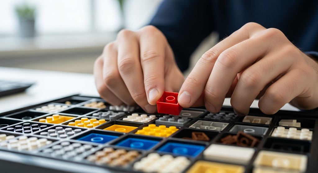 Hände wählen einen Baustein aus einem Baukasten als Symbol für modulare Dienstleistungen.