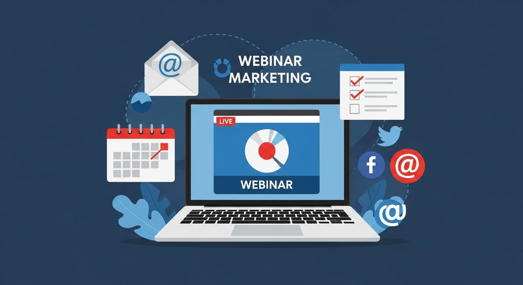 Illustration der verschiedenen Schritte im Webinar Marketing Prozess von der Planung bis zur Bewerbung.