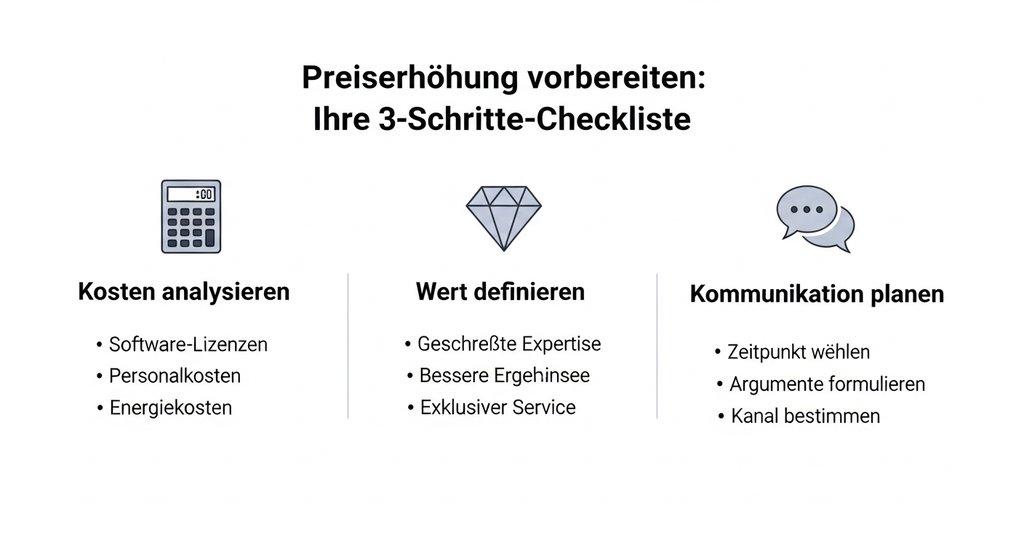 Infografik: Checkliste zur Vorbereitung einer Preiserhöhung in drei Schritten: Kostenanalyse, Wertdefinition und Kommunikationsplanung. → Prompt: Clean and minimalist infographic in German language, titled 'Preiserhöhung vorbereiten: Ihre 3-Schritte-Checkliste'. It has three main sections with icons: 1. 'Kosten analysieren' with a calculator icon, listing 'Software-Lizenzen', 'Personalkosten', 'Energiekosten'. 2. 'Wert definieren' with a diamond icon, listing 'Gesteigerte Expertise', 'Bessere Ergebnisse', 'Exklusiver Service'. 3. 'Kommunikation planen' with a speech bubble icon, listing 'Zeitpunkt wählen', 'Argumente formulieren', 'Kanal bestimmen'. Professional style, muted color palette (blues and greys). High resolution, clear typography.