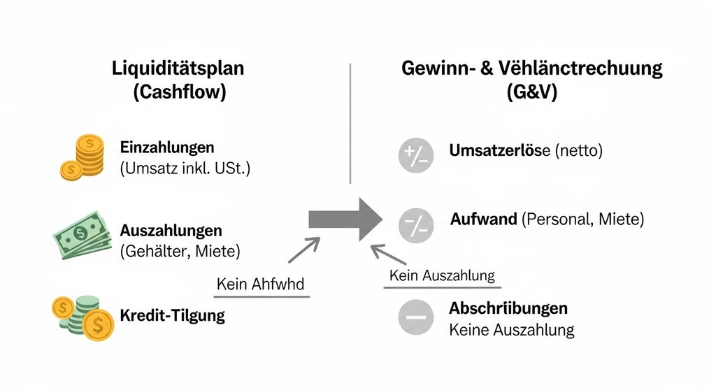 Infografik: Der Unterschied zwischen Liquiditätsplanung (Fokus auf Cashflow) und Gewinn- und Verlustrechnung (Fokus auf Erfolg).