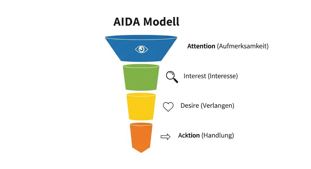 Infografik des AIDA-Modells, das die vier Phasen des Sales Funnels darstellt: Aufmerksamkeit, Interesse, Verlangen und Handlung.