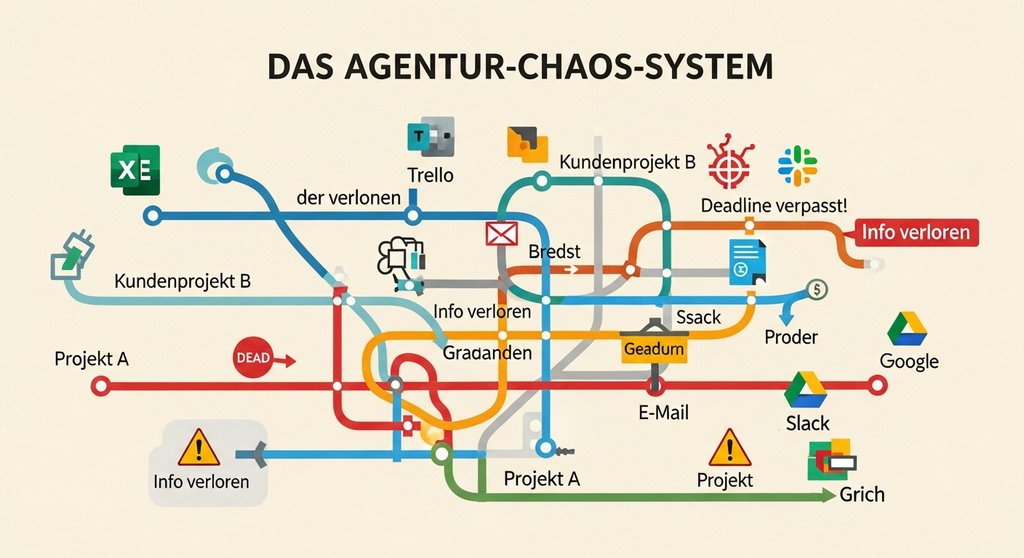 Infografik, die das Chaos durch die Nutzung vieler verschiedener Tools im Agentur-Projektmanagement darstellt.