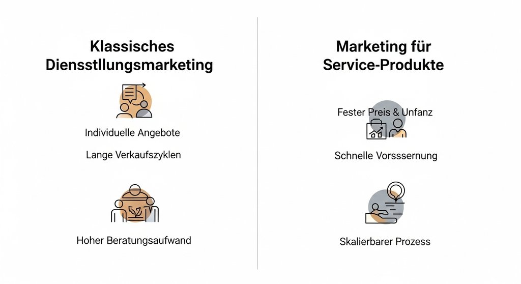 Infografik, die das Marketing für klassische Dienstleistungen und produktisierte Service-Produkte vergleicht.