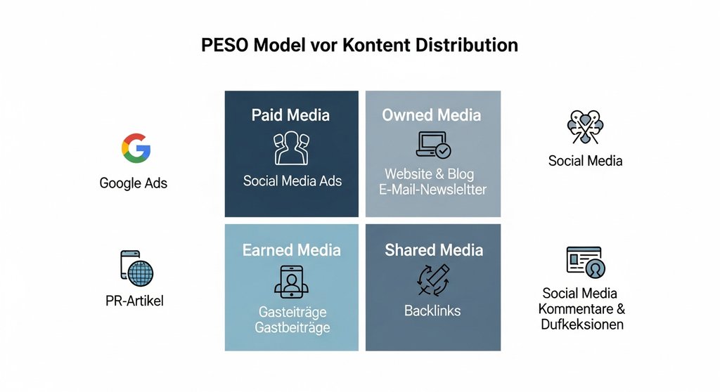Infografik, die das PESO-Modell der Content Distribution mit Paid, Owned, Earned und Shared Media erklärt.