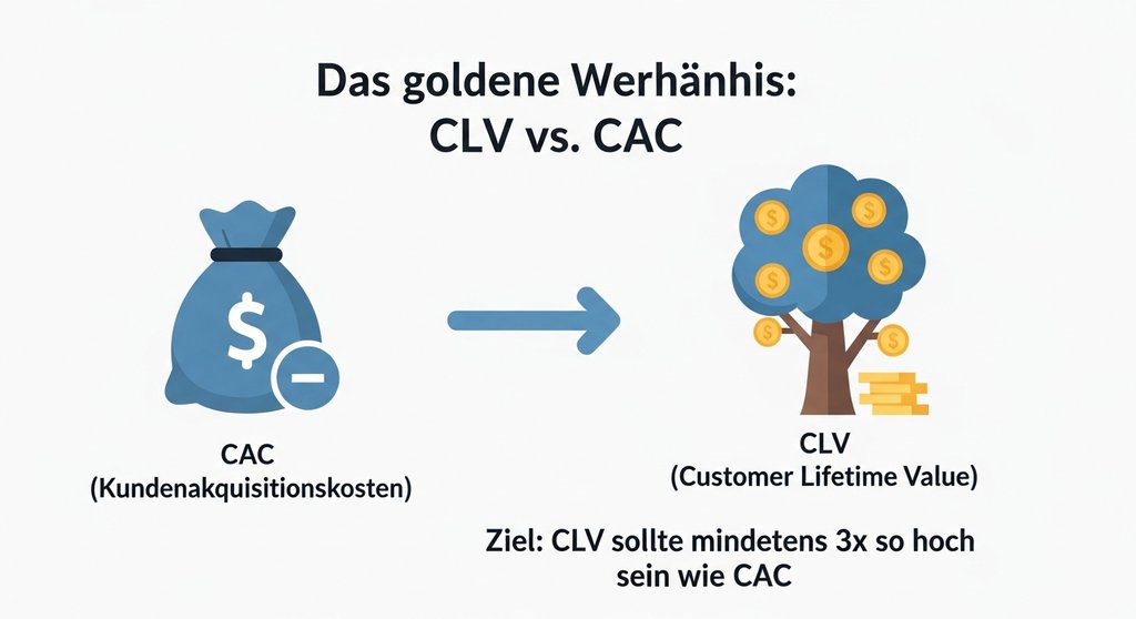 Infografik, die das Verhältnis von Customer Lifetime Value (CLV) zu Kundenakquisitionskosten (CAC) erklärt.
