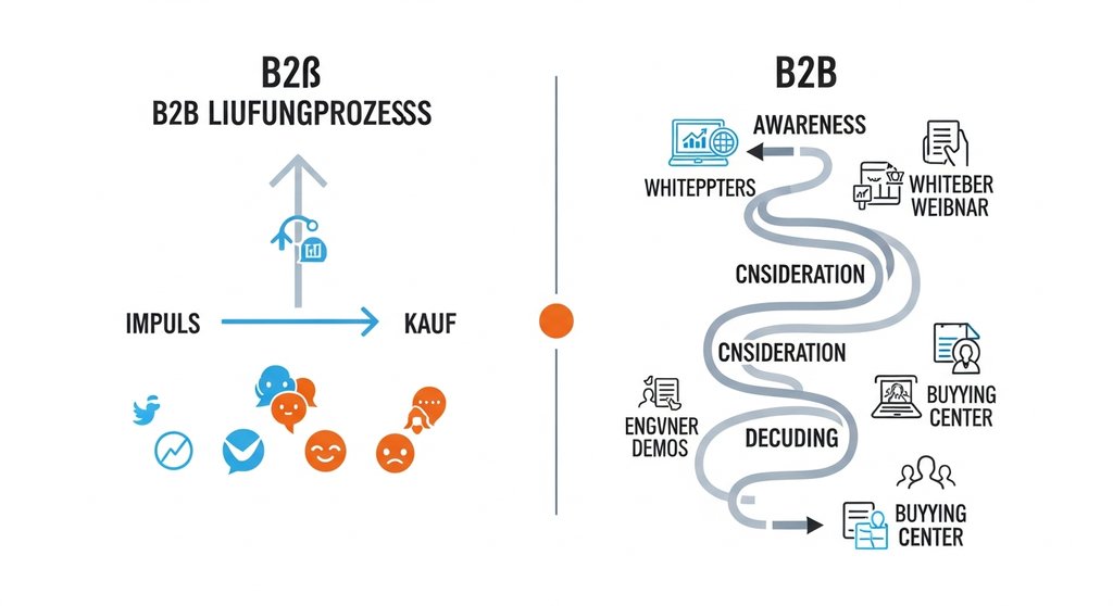 Infografik, die den linearen B2C-Kaufprozess mit dem komplexen, mehrstufigen B2B-Kaufprozess vergleicht.