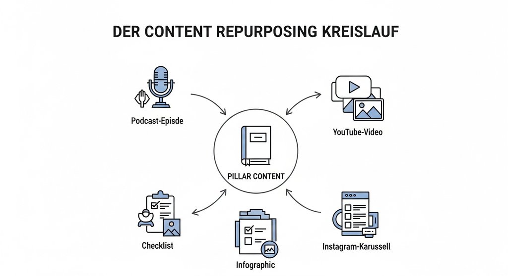 Infografik, die den Prozess des Content Repurposing von einem Pillar Content zu vielen neuen Formaten zeigt.