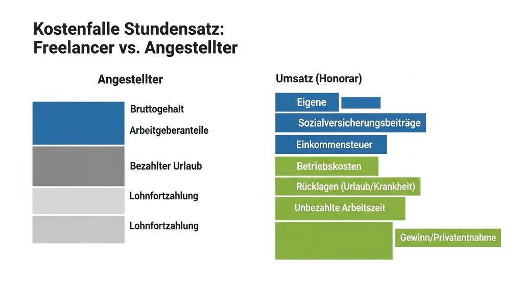 Infografik, die den Stundensatz eines Freelancers mit dem Gehalt eines Angestellten vergleicht und die zusätzlichen Kosten aufzeigt.