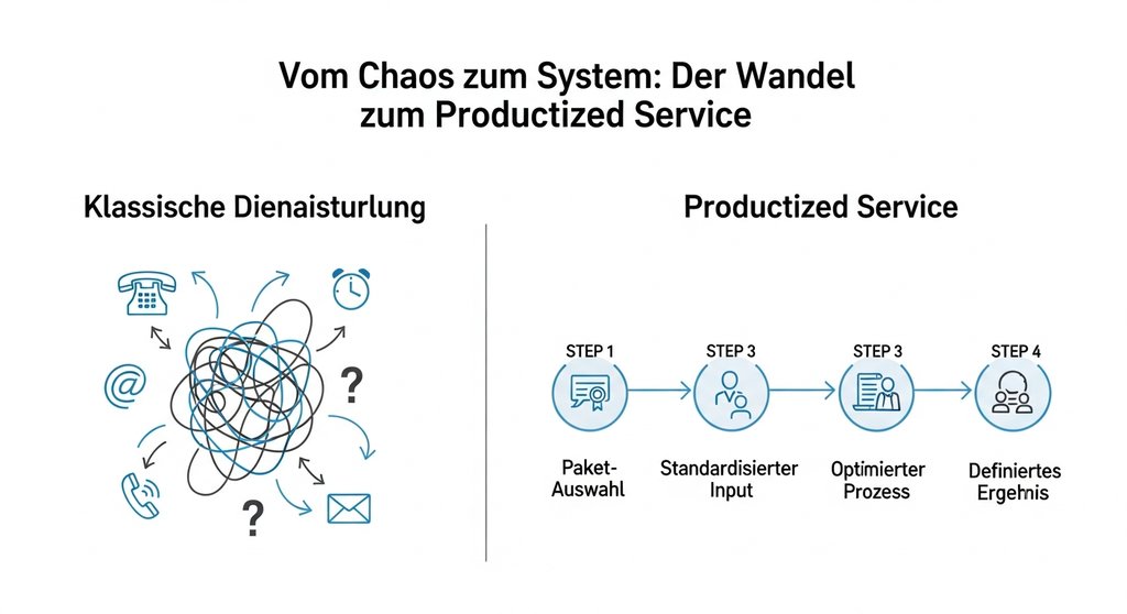 Infografik, die den unstrukturierten Prozess einer klassischen Dienstleistung mit dem klaren, linearen Prozess eines Productized Service vergleicht.
