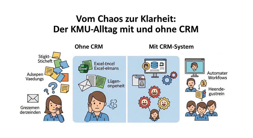 Infografik, die den Unterschied zwischen der Arbeit mit und ohne CRM-System in einem kleinen Unternehmen darstellt.