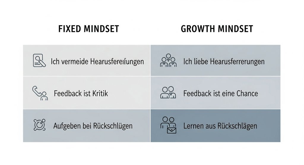Infografik, die den Unterschied zwischen einem Fixed Mindset und einem Growth Mindset vergleicht.