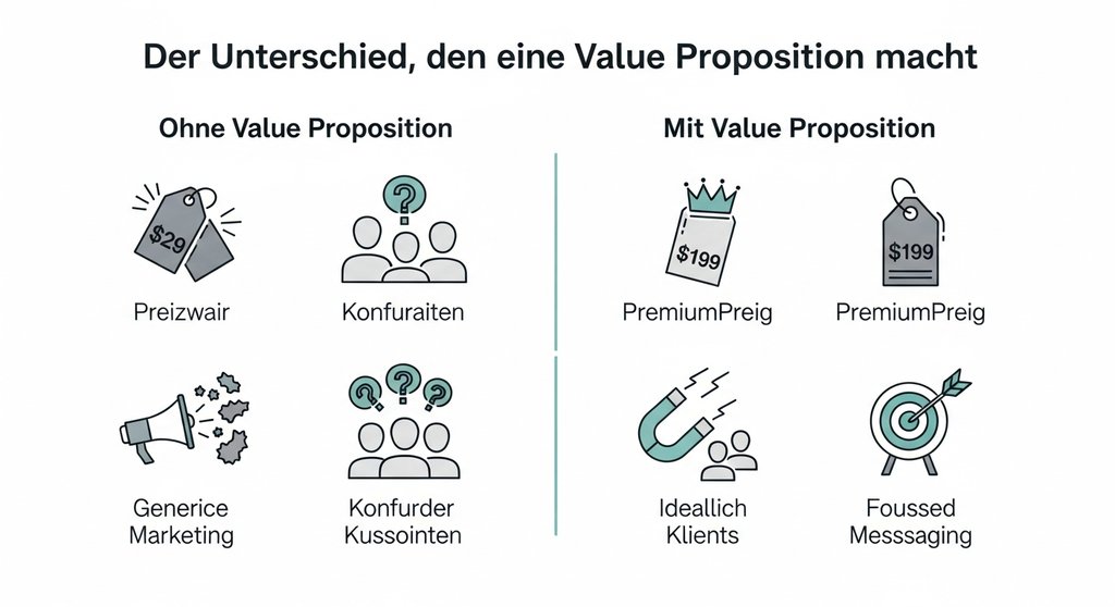 Infografik, die den Unterschied zwischen einem Unternehmen mit und ohne klare Value Proposition für Kunden und Marketing zeigt.