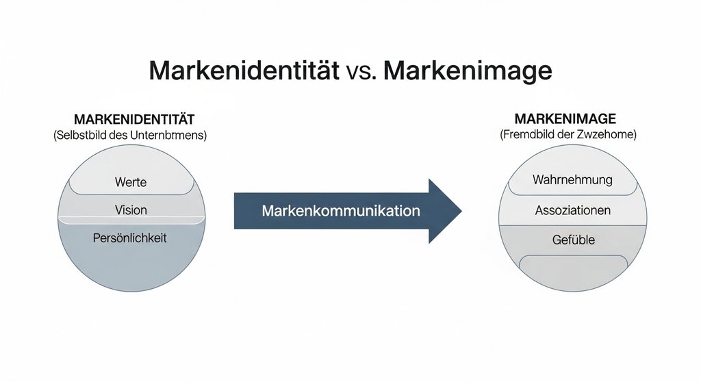 Infografik, die den Unterschied zwischen Markenidentität (Selbstbild) und Markenimage (Fremdbild) erklärt.