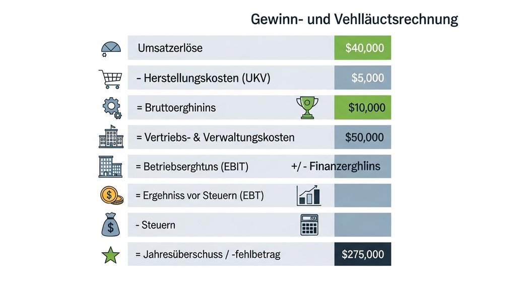 Infografik, die den vereinfachten Aufbau der Gewinn- und Verlustrechnung (GuV) in Staffelform zeigt.