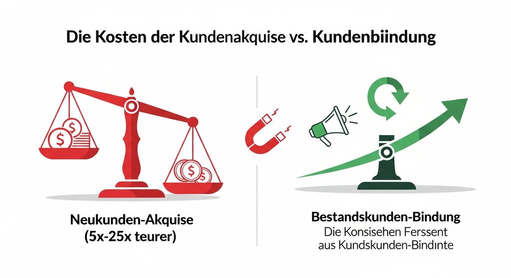 Infografik, die die höheren Kosten der Neukundenakquise im Vergleich zur kosteneffizienten Kundenbindung darstellt.