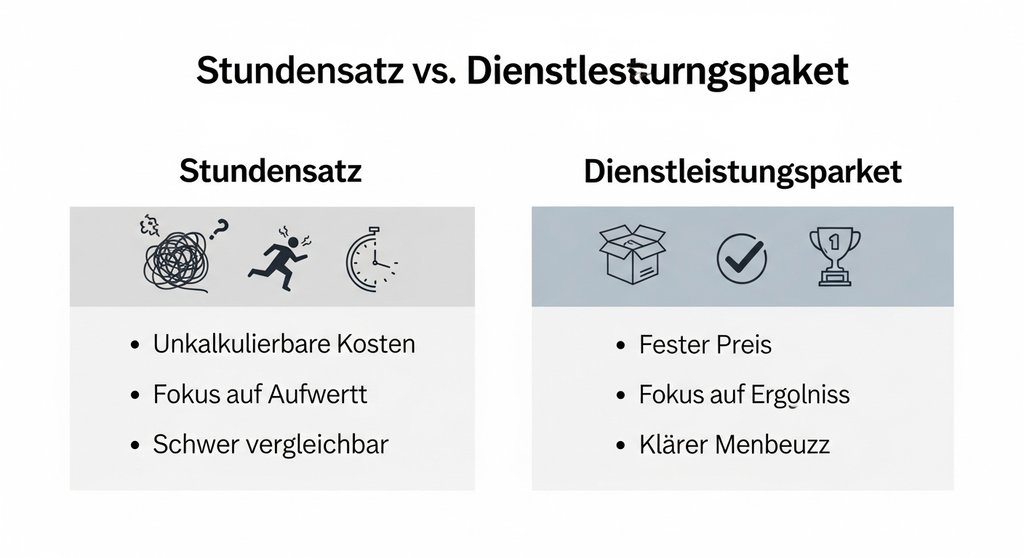 Infografik, die die Nachteile von Stundensätzen mit den Vorteilen von Dienstleistungspaketen vergleicht.